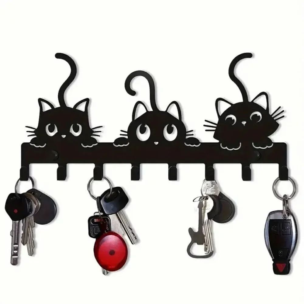 NWT Gorgeous 3 Black Cats Design Metalic 8 Hooks Wall Mount Key Holder Organizer